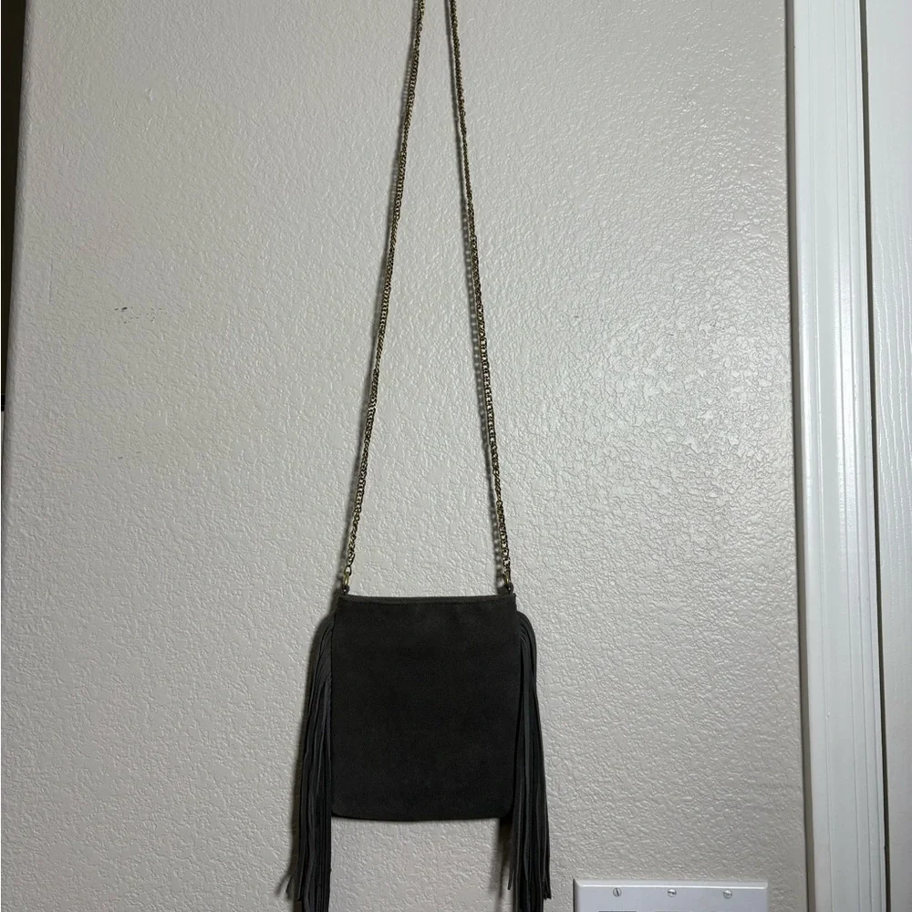 Chic Gray Suede Leather Gold Chain Crossbody Bag with‎ Fringe on Both Sides.